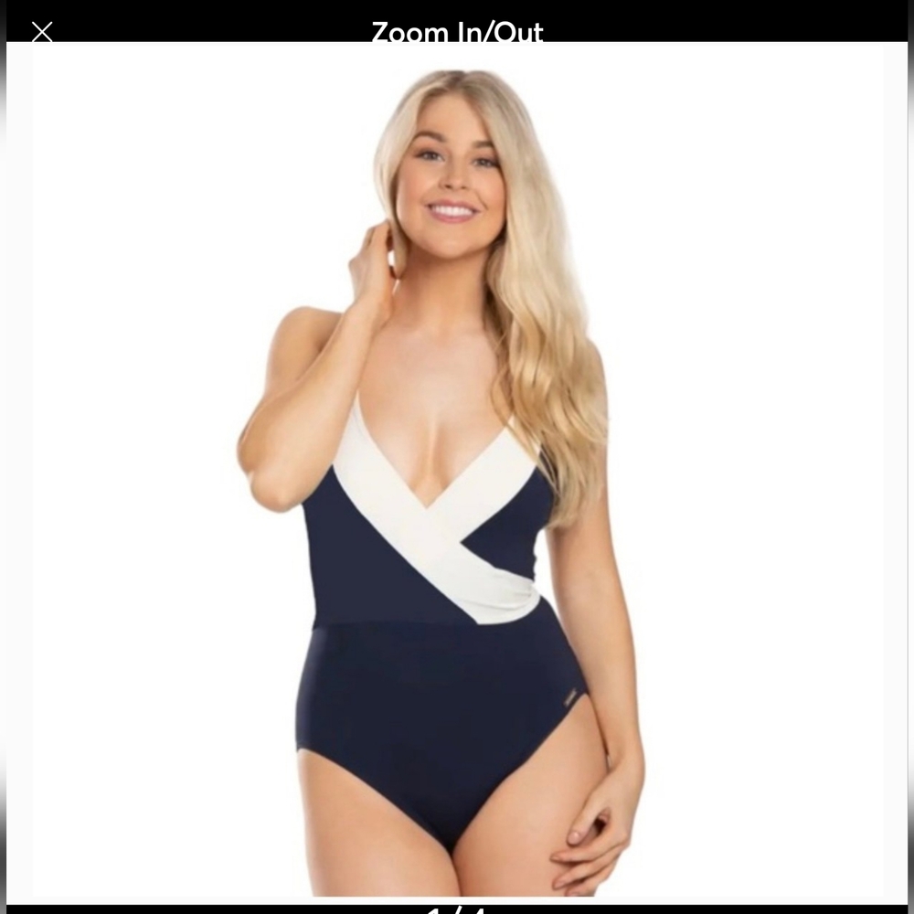 NWT Vince Camuto V-Neck Wrap Tie One Piece Swimsuit Navy White sz 10